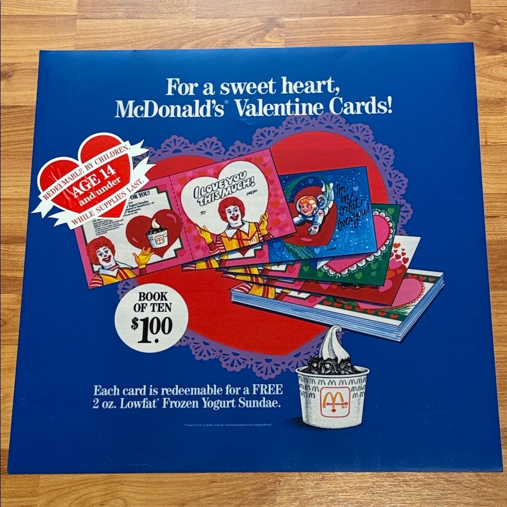 Vintage 1990 Advertisement Poster McDonald's Valentine’s Promotional Translite
